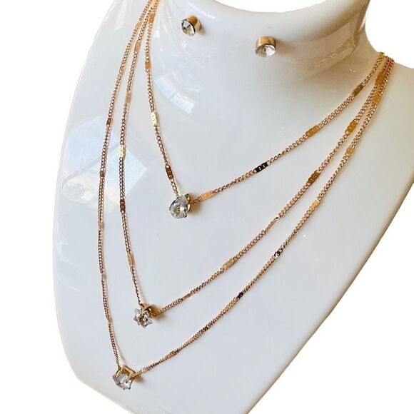 Jewelry set necklace and stud earrings layered rhinestones gold tone - Picture 4 of 9